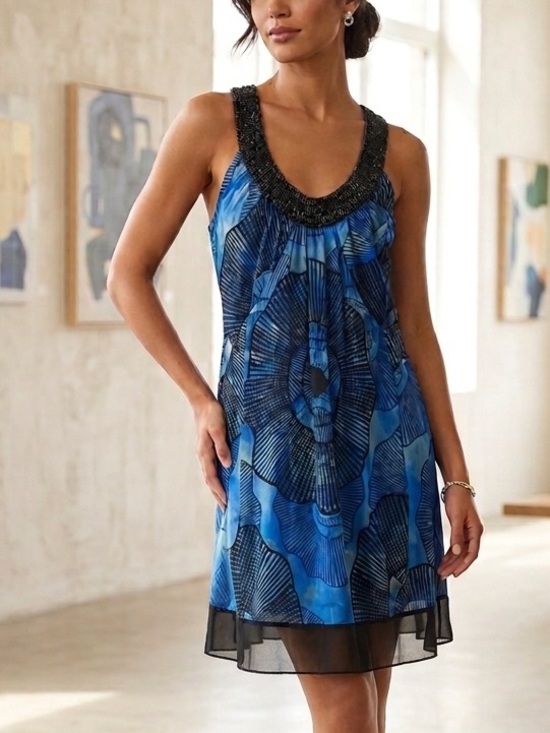 Marciano Other - Silk Marciano Blue Printed Beaded Scoop-Neck Sleeveless Chemise slip dress mini